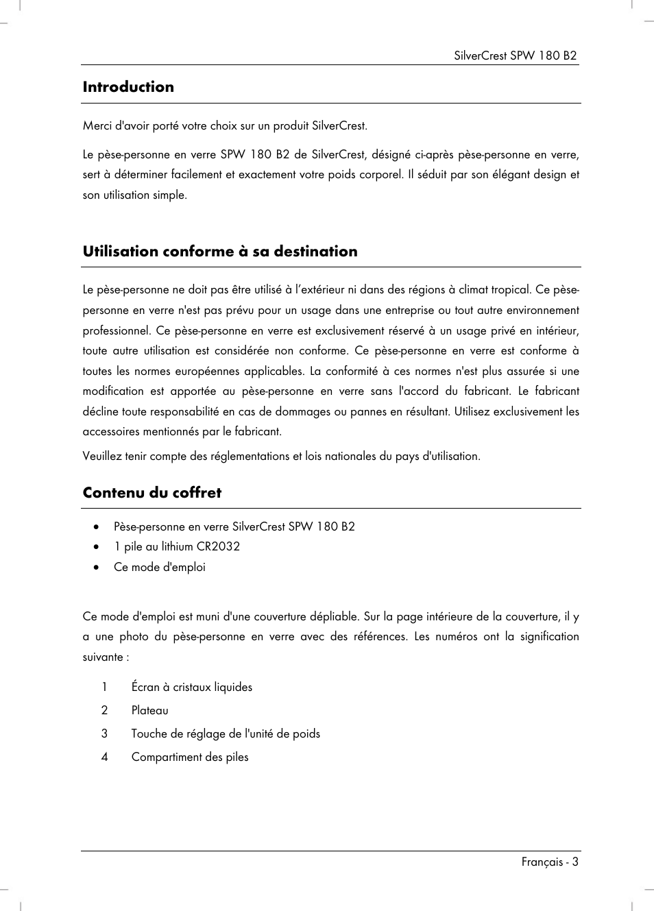 Introduction, Utilisation conforme à sa destination, Contenu du coffret | Silvercrest SPW 180 B2 User Manual | Page 5 / 40