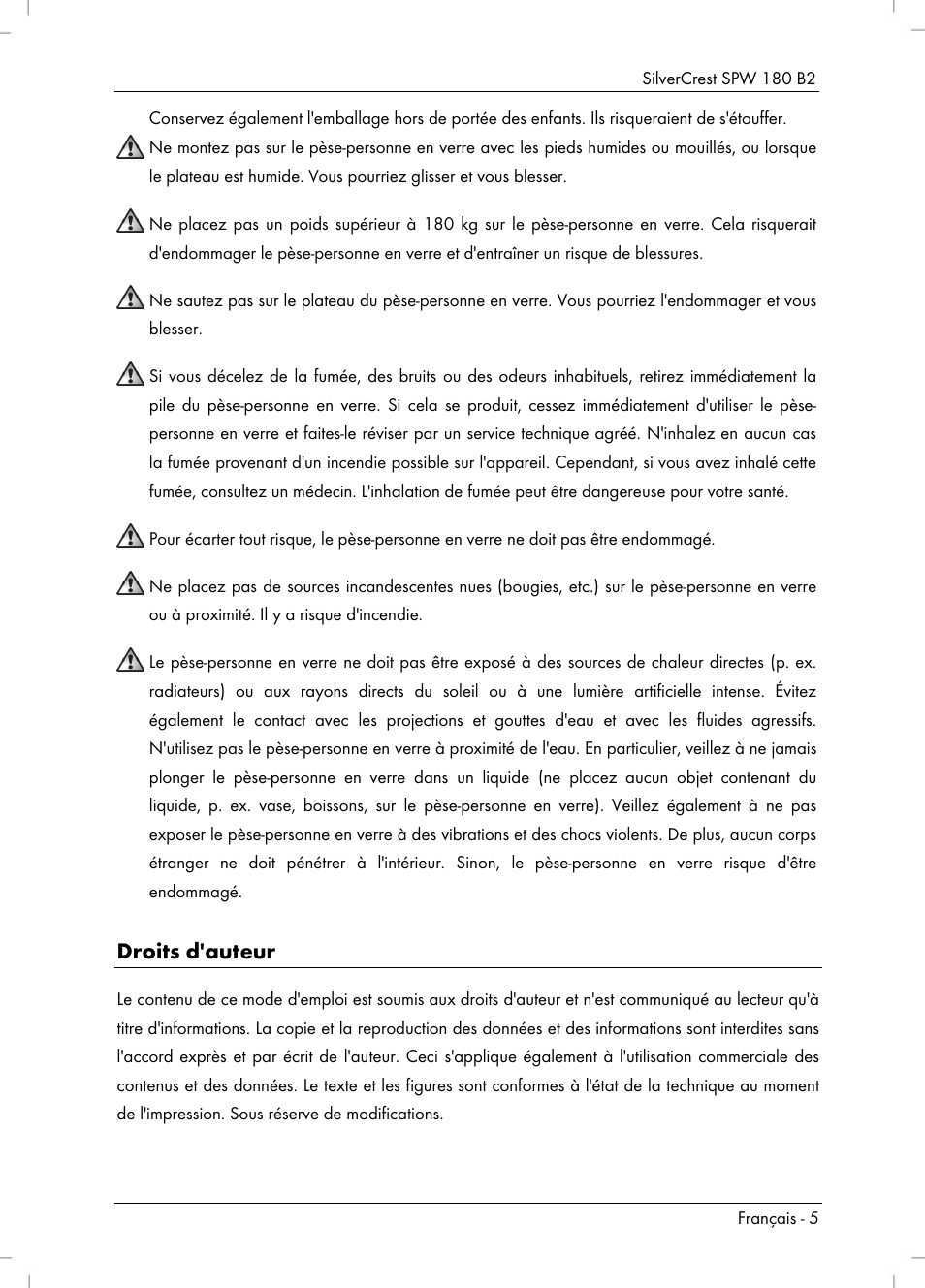 Droits d'auteur | Silvercrest SPW 180 B2 User Manual | Page 7 / 40