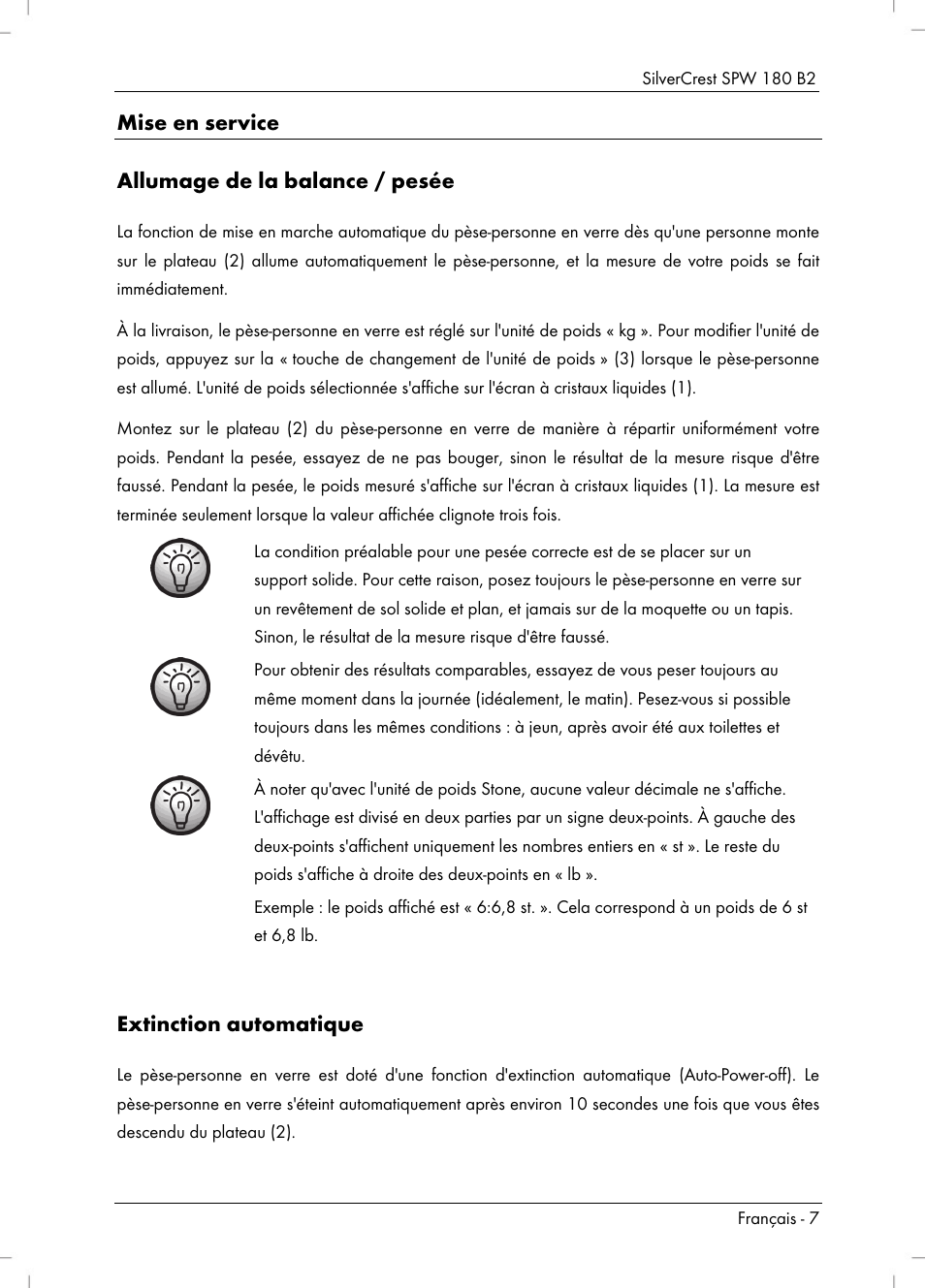 Mise en service allumage de la balance / pesée, Extinction automatique | Silvercrest SPW 180 B2 User Manual | Page 9 / 40