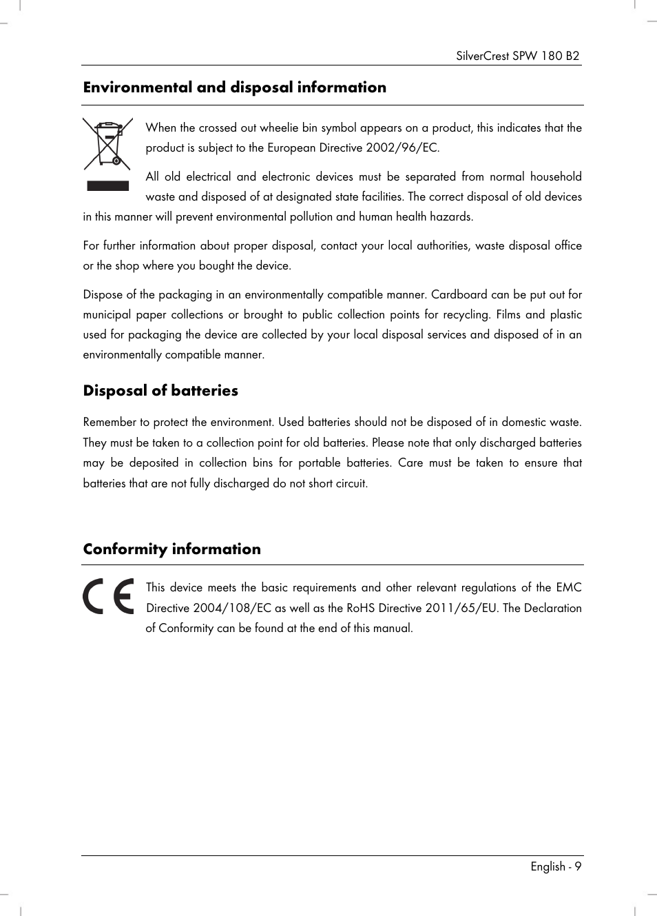 Environmental and disposal information, Disposal of batteries, Conformity information | Silvercrest SPW 180 B2 User Manual | Page 11 / 68