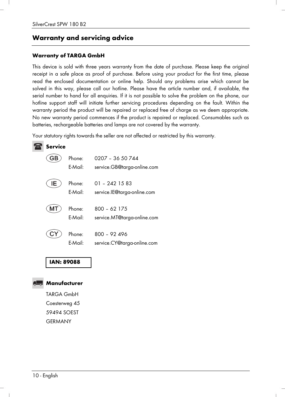 Warranty and servicing advice | Silvercrest SPW 180 B2 User Manual | Page 12 / 68