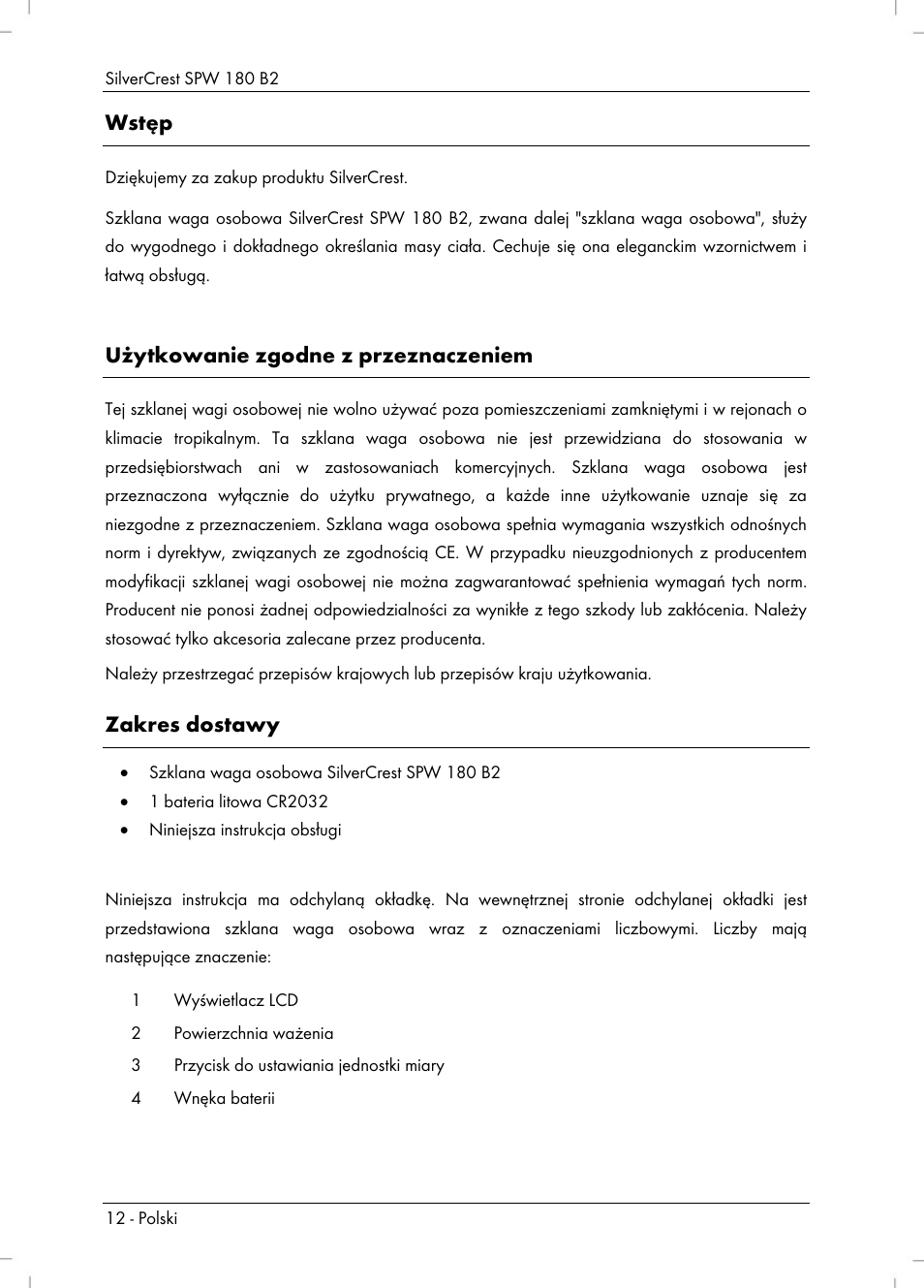 Wstęp, Użytkowanie zgodne z przeznaczeniem, Zakres dostawy | Silvercrest SPW 180 B2 User Manual | Page 14 / 68