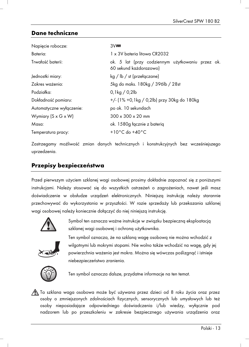 Dane techniczne, Przepisy bezpieczeństwa | Silvercrest SPW 180 B2 User Manual | Page 15 / 68