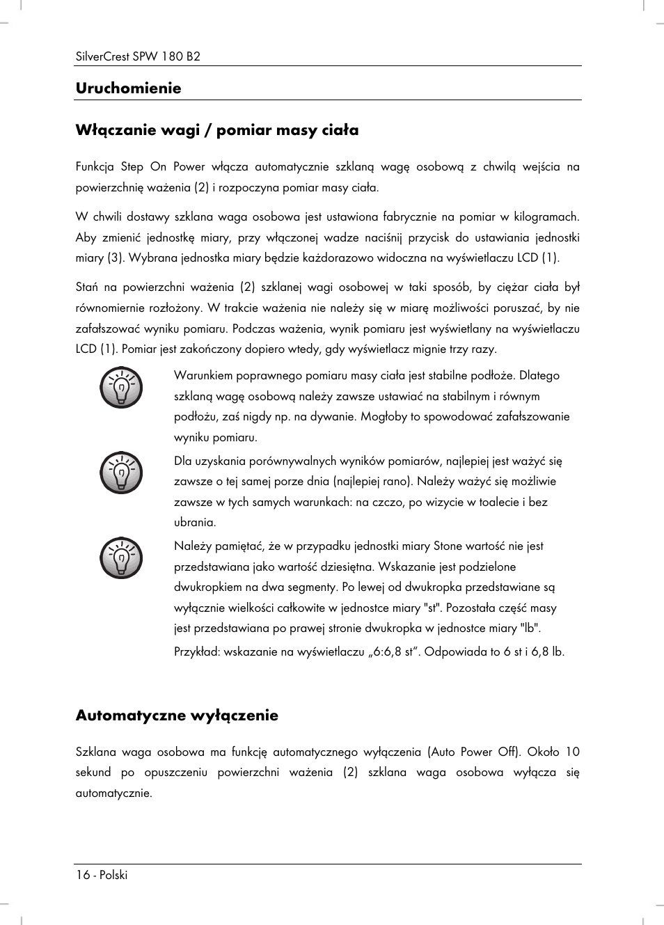 Uruchomienie włączanie wagi / pomiar masy ciała, Automatyczne wyłączenie | Silvercrest SPW 180 B2 User Manual | Page 18 / 68