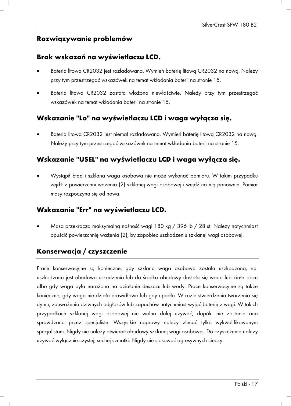 Wskazanie "err" na wyświetlaczu lcd, Konserwacja / czyszczenie | Silvercrest SPW 180 B2 User Manual | Page 19 / 68