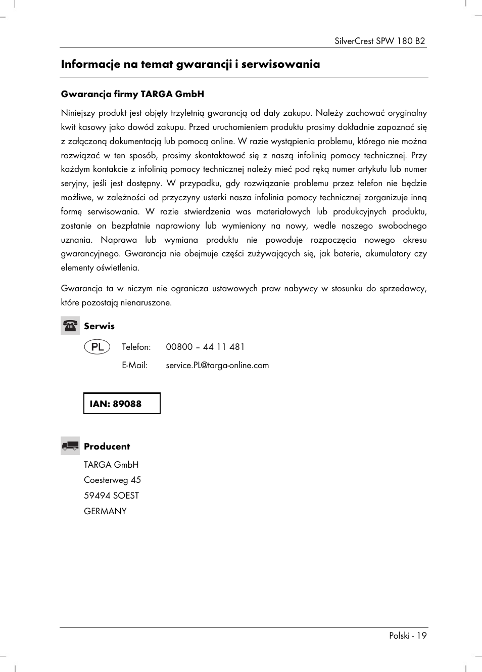 Informacje na temat gwarancji i serwisowania | Silvercrest SPW 180 B2 User Manual | Page 21 / 68