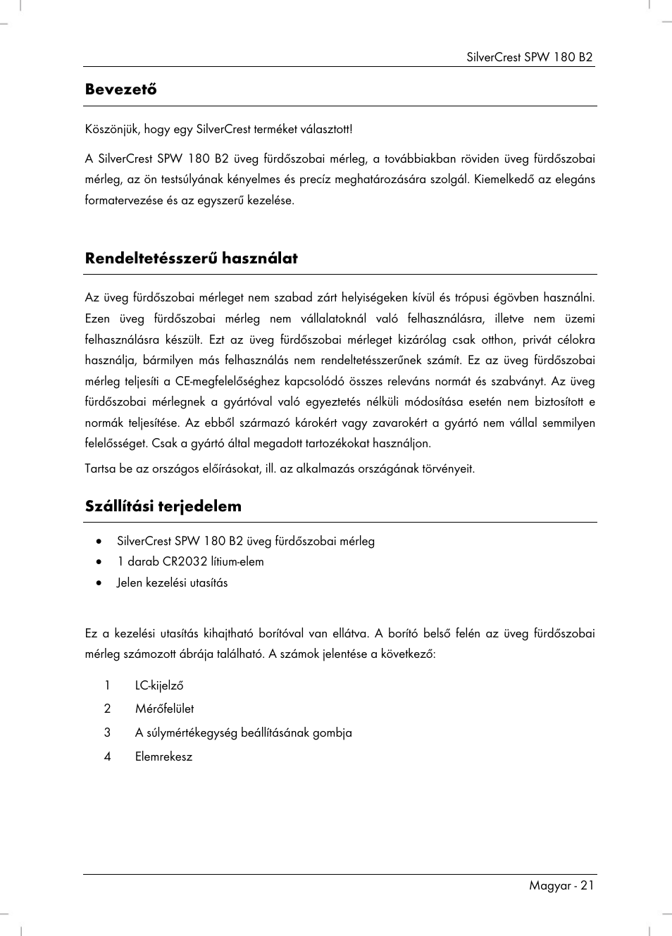 Bevezető, Rendeltetésszerű használat, Szállítási terjedelem | Silvercrest SPW 180 B2 User Manual | Page 23 / 68