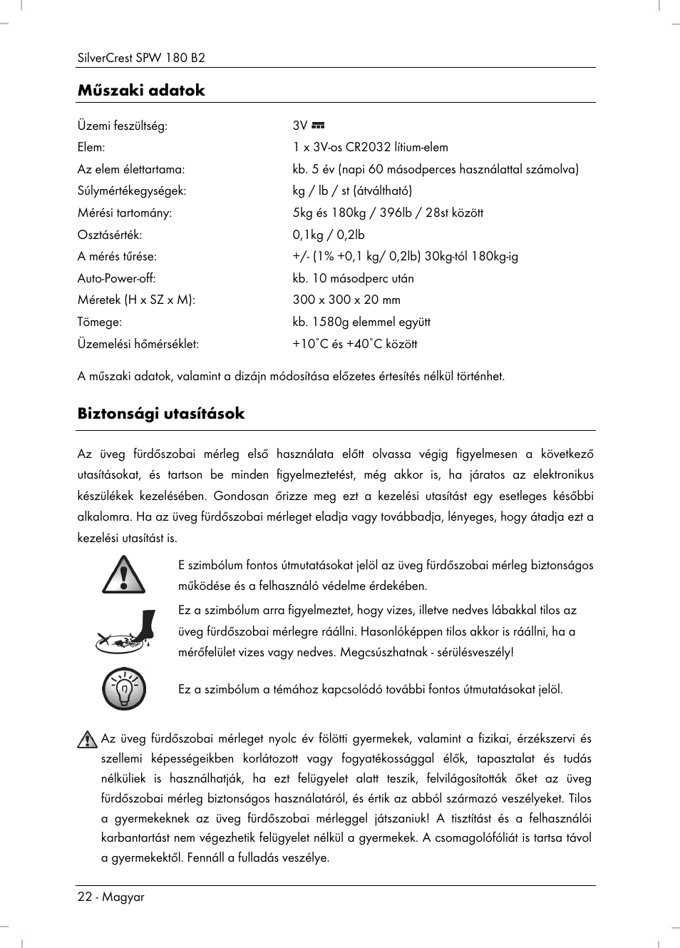 Műszaki adatok, Biztonsági utasítások | Silvercrest SPW 180 B2 User Manual | Page 24 / 68