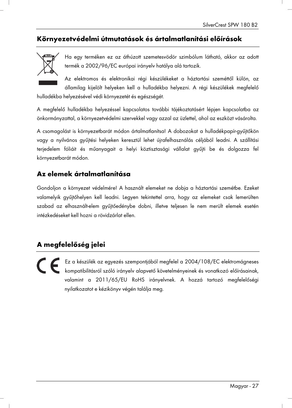 Az elemek ártalmatlanítása, A megfelelőség jelei | Silvercrest SPW 180 B2 User Manual | Page 29 / 68