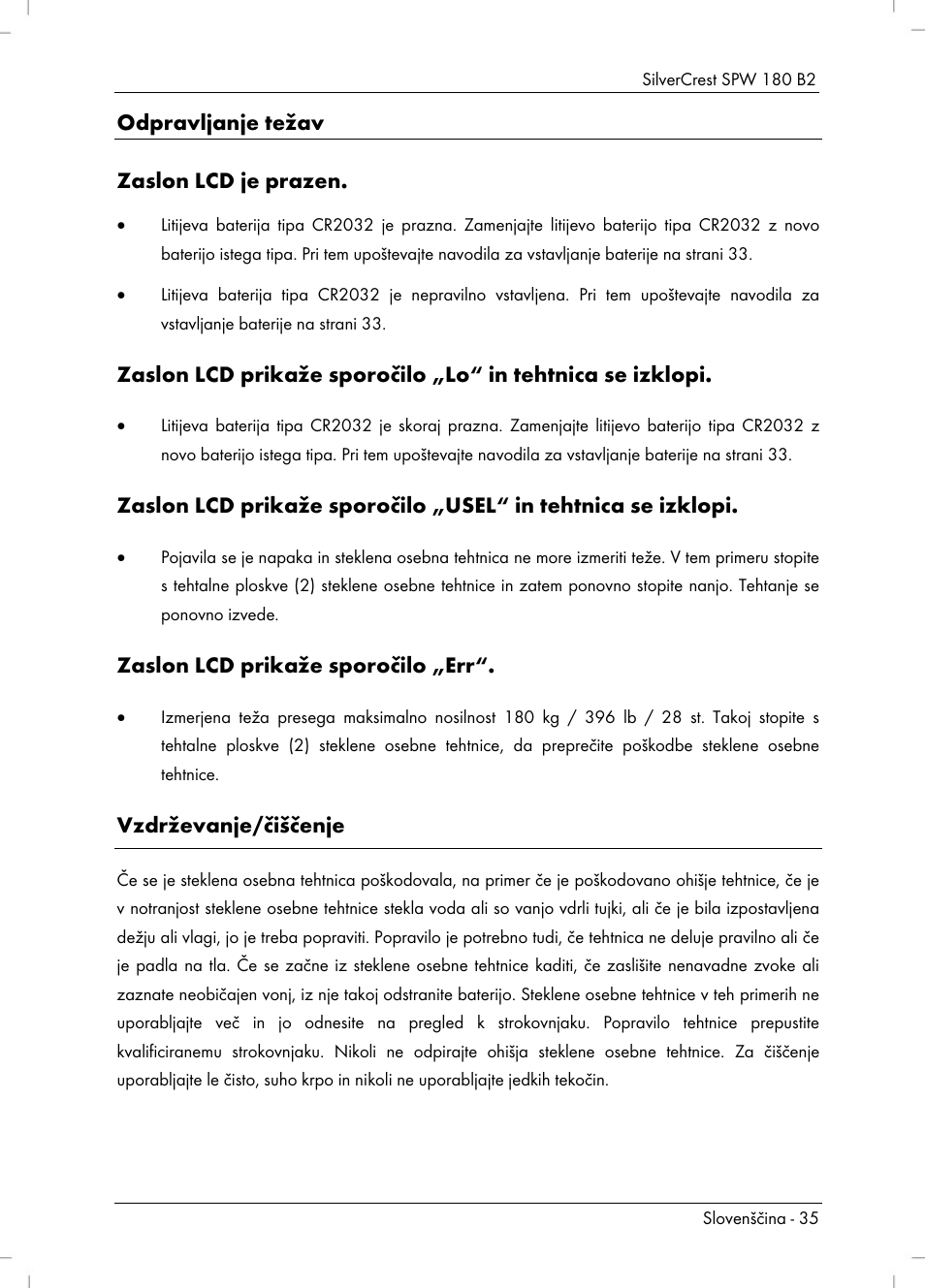 Odpravljanje težav zaslon lcd je prazen, Zaslon lcd prikaže sporočilo „err, Vzdrževanje/čiščenje | Silvercrest SPW 180 B2 User Manual | Page 37 / 68