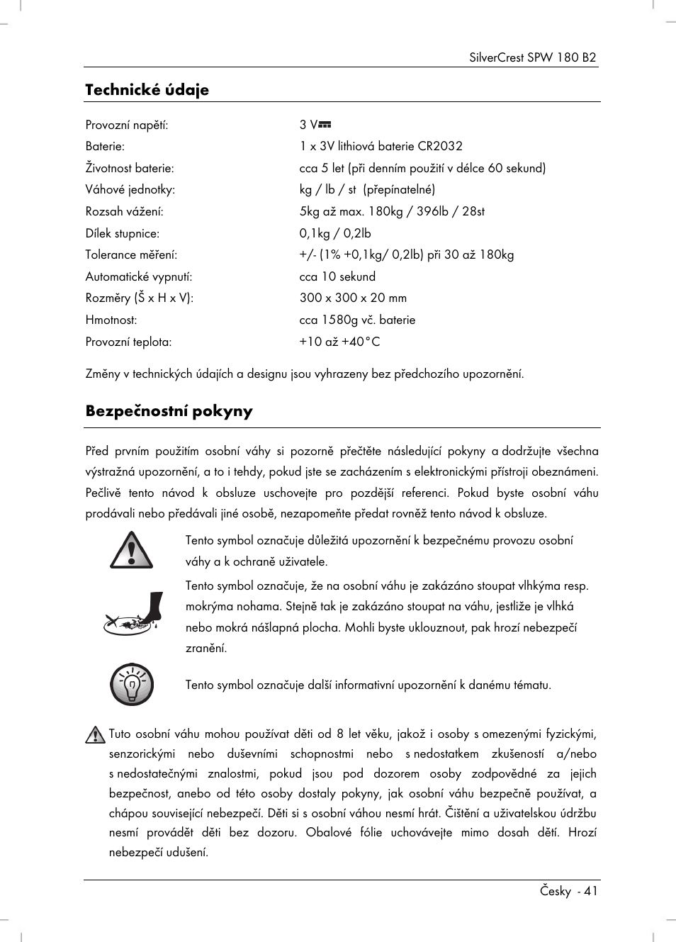 Technické údaje, Bezpečnostní pokyny | Silvercrest SPW 180 B2 User Manual | Page 43 / 68