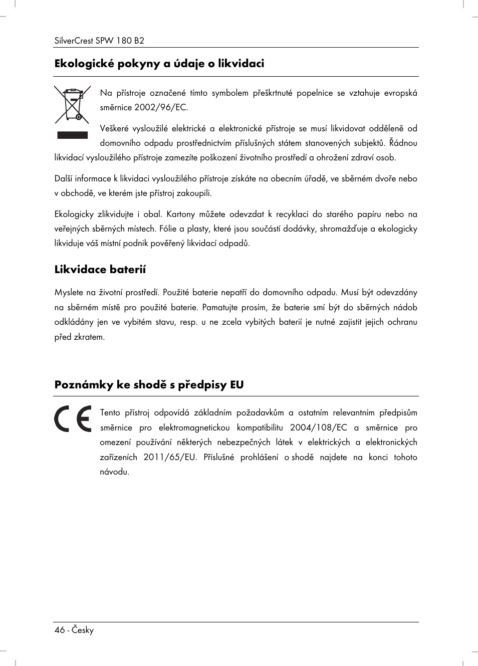 Ekologické pokyny a údaje o likvidaci, Likvidace baterií, Poznámky ke shodě s předpisy eu | Silvercrest SPW 180 B2 User Manual | Page 48 / 68