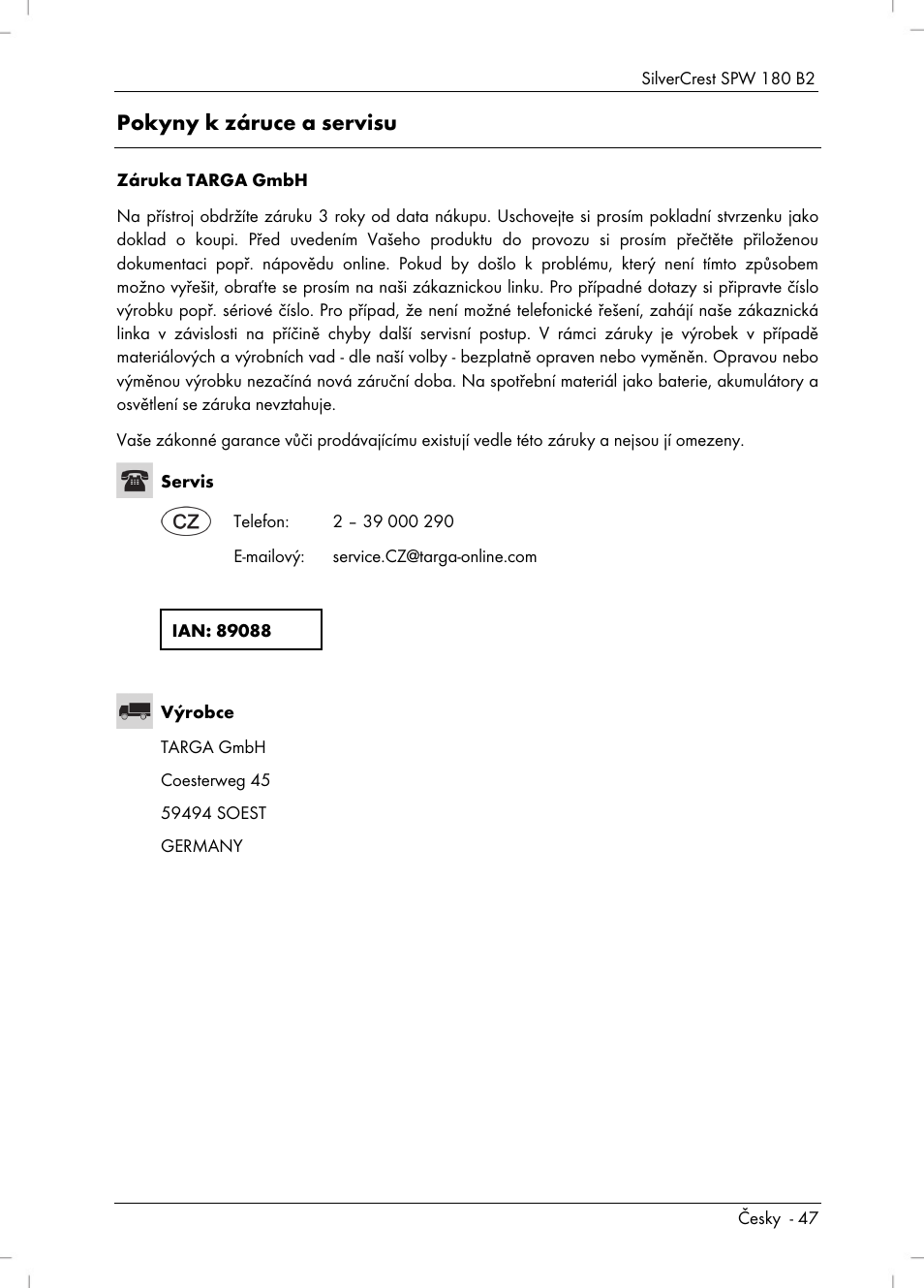 Pokyny k záruce a servisu | Silvercrest SPW 180 B2 User Manual | Page 49 / 68