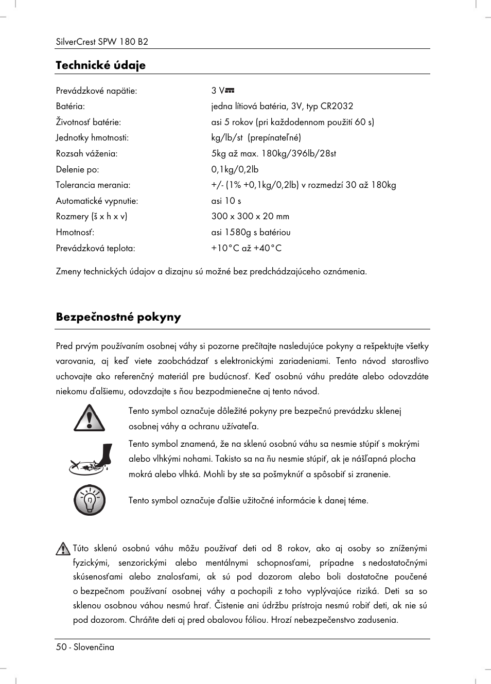 Technické údaje, Bezpečnostné pokyny | Silvercrest SPW 180 B2 User Manual | Page 52 / 68