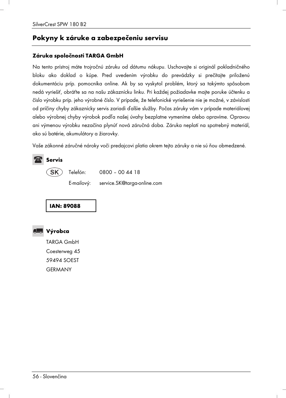 Pokyny k záruke a zabezpečeniu servisu | Silvercrest SPW 180 B2 User Manual | Page 58 / 68