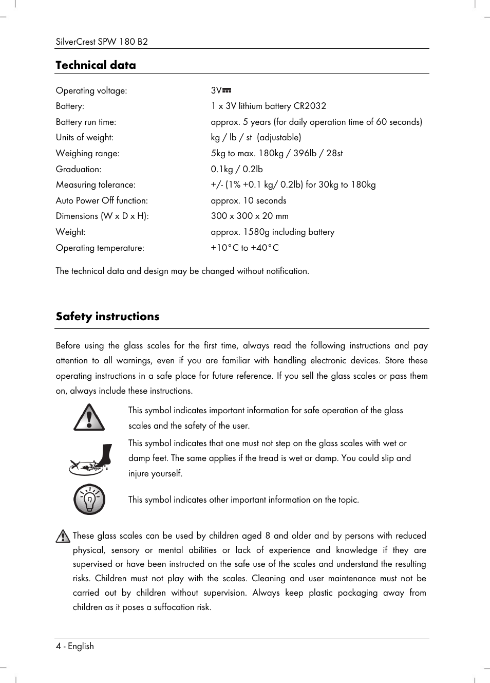 Technical data, Safety instructions | Silvercrest SPW 180 B2 User Manual | Page 6 / 68