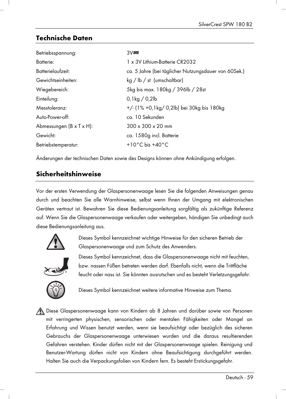 Technische daten, Sicherheitshinweise | Silvercrest SPW 180 B2 User Manual | Page 61 / 68