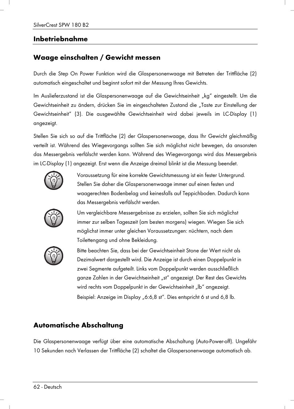 Inbetriebnahme waage einschalten / gewicht messen, Automatische abschaltung | Silvercrest SPW 180 B2 User Manual | Page 64 / 68