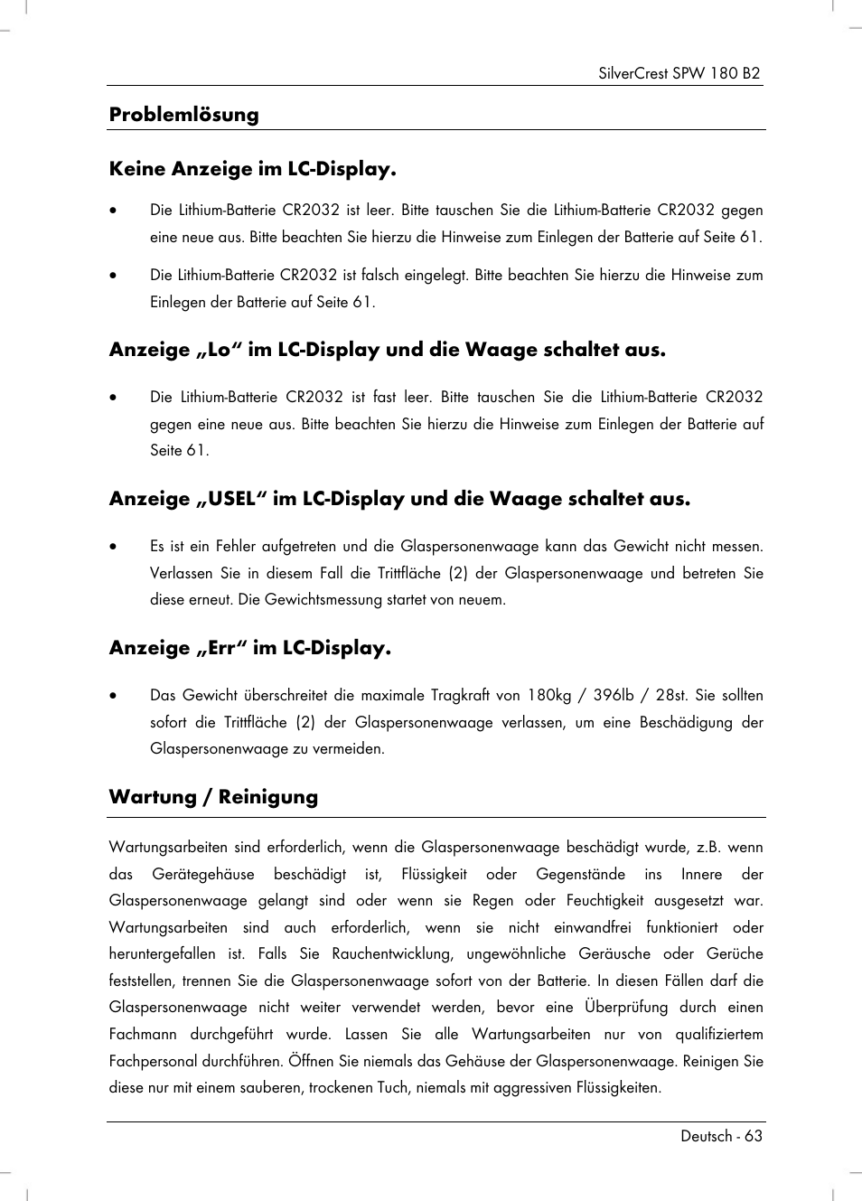 Problemlösung keine anzeige im lc-display, Anzeige „err“ im lc-display, Wartung / reinigung | Silvercrest SPW 180 B2 User Manual | Page 65 / 68