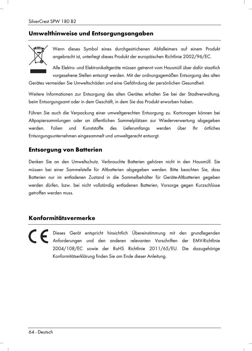 Umwelthinweise und entsorgungsangaben, Entsorgung von batterien, Konformitätsvermerke | Silvercrest SPW 180 B2 User Manual | Page 66 / 68