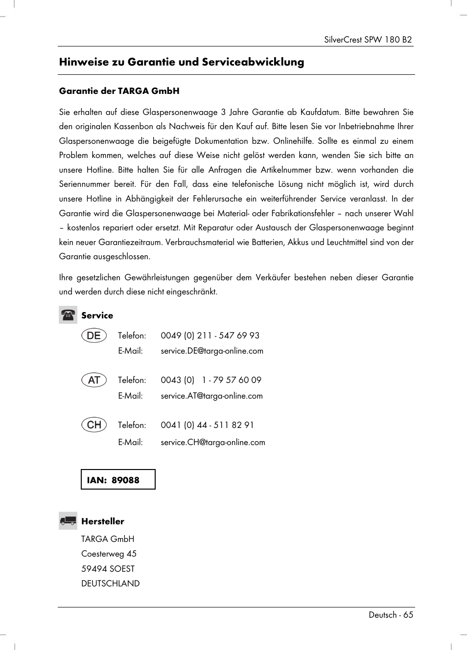 Hinweise zu garantie und serviceabwicklung | Silvercrest SPW 180 B2 User Manual | Page 67 / 68