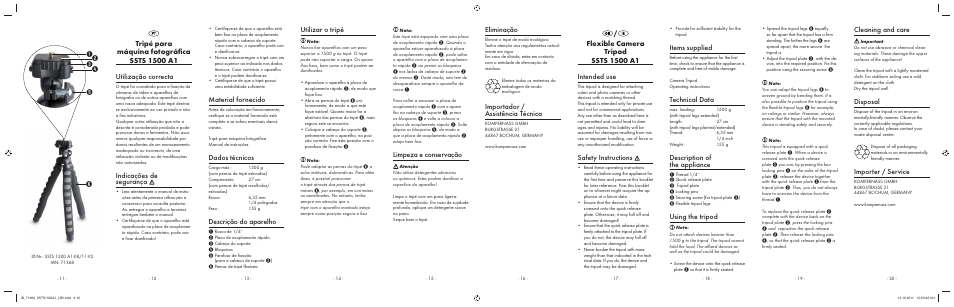 Limpeza e conservação, Eliminação, Importador / assistência técnica | Safety instructions, Items supplied, Technical data, Description of the appliance, Using the tripod, Utilizar o tripé, Material fornecido | Silvercrest SSTS 1500 A1 User Manual | Page 2 / 2