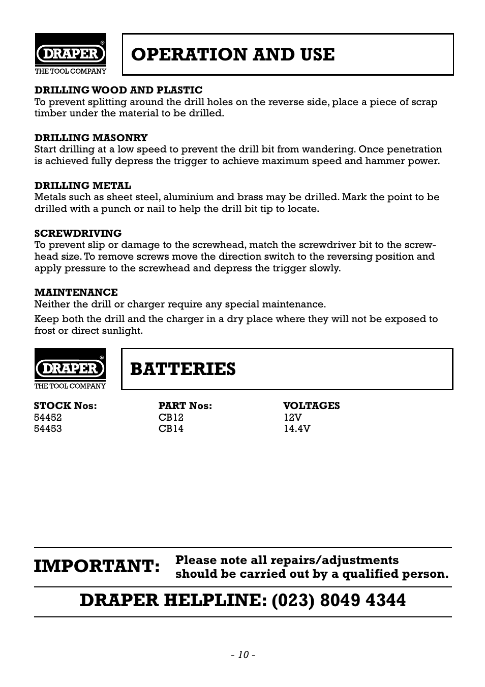 Operation and use, Important, Batteries | Draper CDH120V User Manual | Page 11 / 12