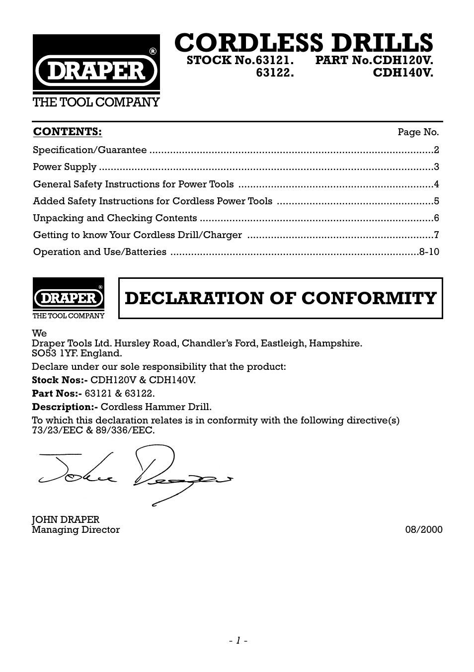 Cordless drills, Declaration of conformity | Draper CDH120V User Manual | Page 2 / 12