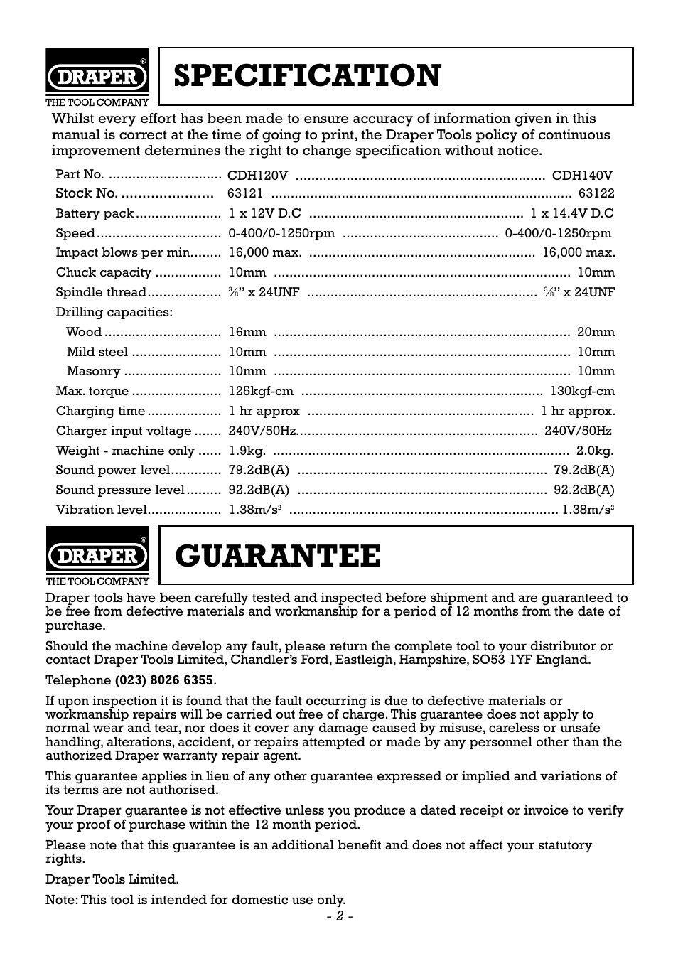 Specification, Guarantee | Draper CDH120V User Manual | Page 3 / 12