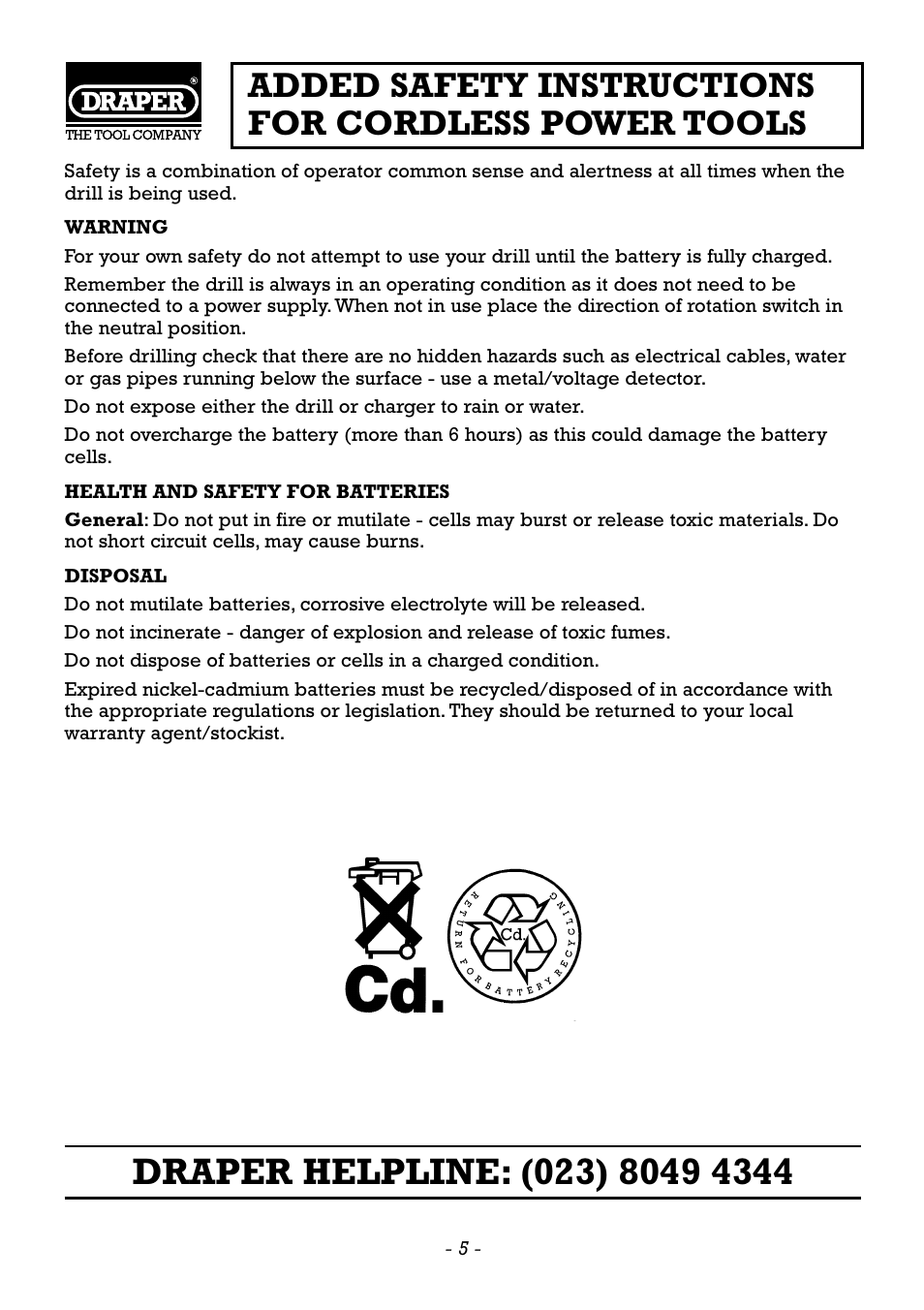 Added safety instructions for cordless power tools | Draper CDH120V User Manual | Page 6 / 12