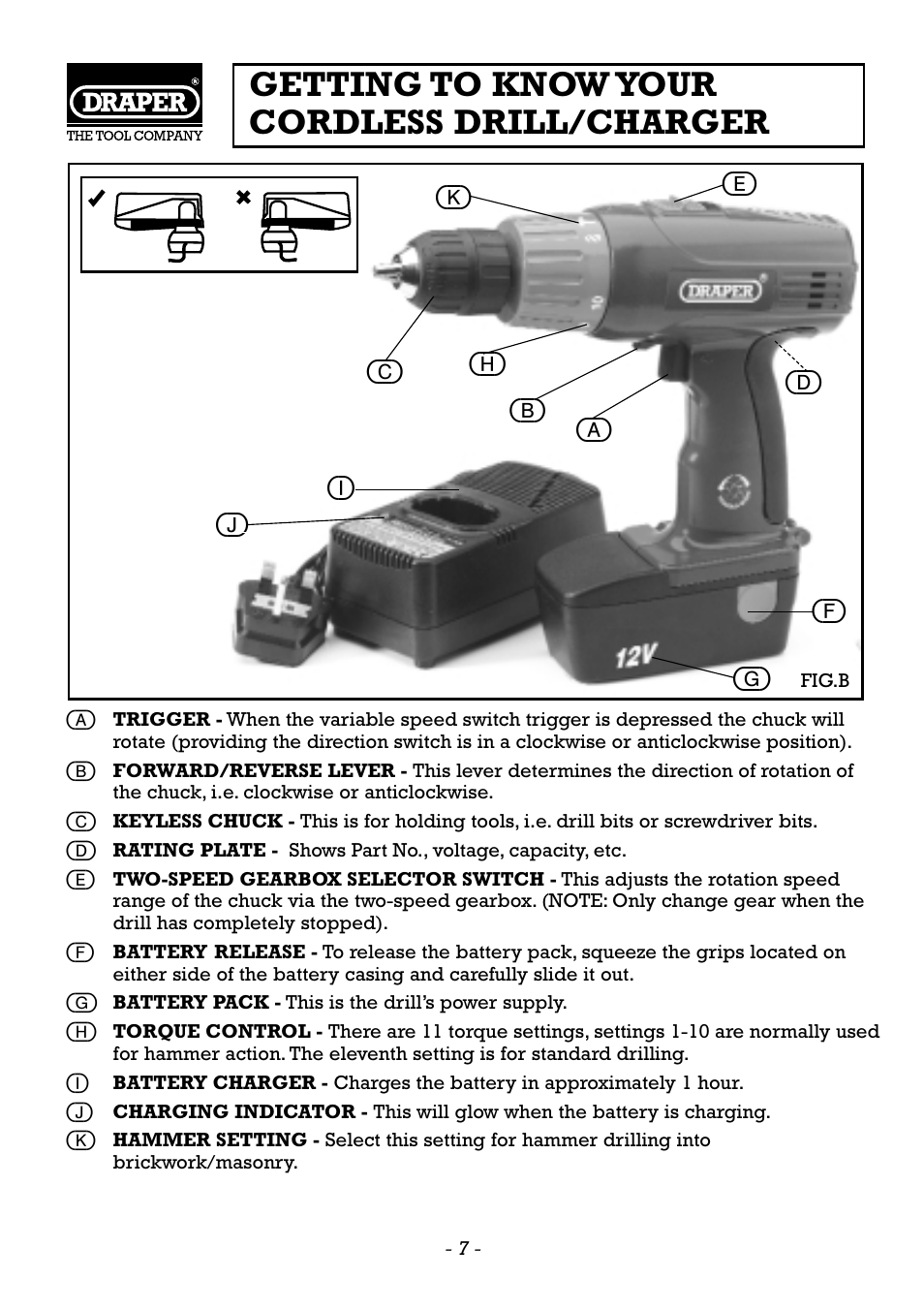 Getting to know your cordless drill/charger | Draper CDH120V User Manual | Page 8 / 12