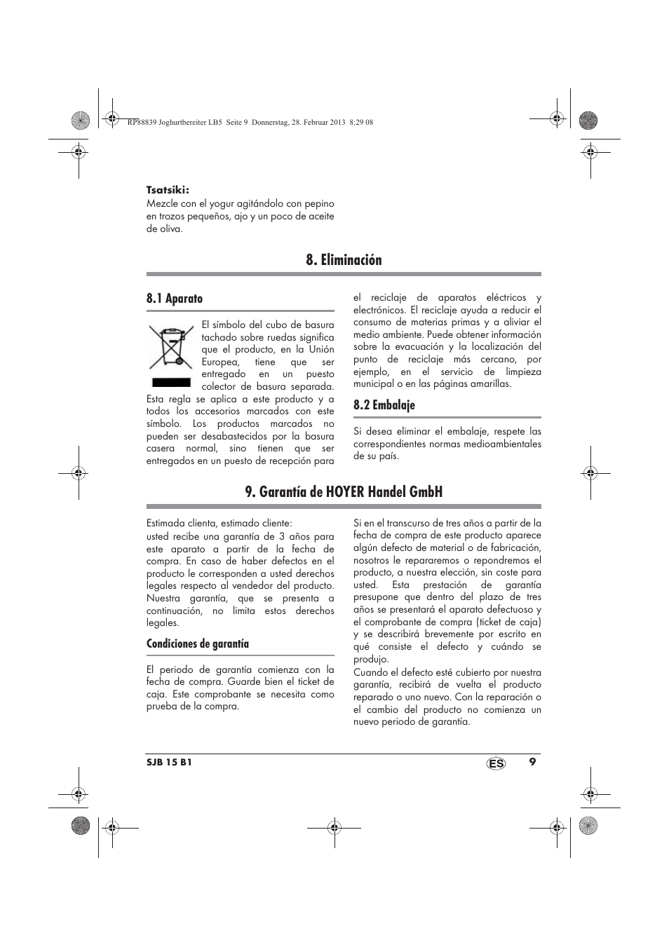 Eliminación, Garantía de hoyer handel gmbh | Silvercrest SJB 15 B1 User Manual | Page 11 / 50