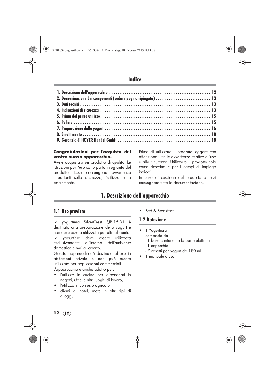 Indice, Descrizione dell'apparecchio | Silvercrest SJB 15 B1 User Manual | Page 14 / 50
