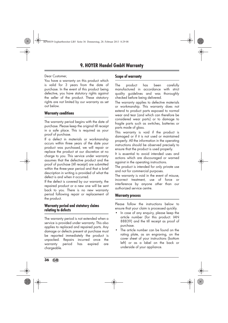 Hoyer handel gmbh warranty | Silvercrest SJB 15 B1 User Manual | Page 38 / 50