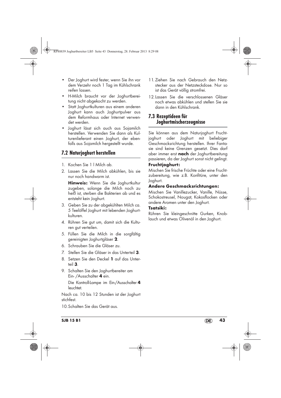 2 naturjoghurt herstellen, 3 rezeptideen für joghurtmischerzeugnisse | Silvercrest SJB 15 B1 User Manual | Page 45 / 50