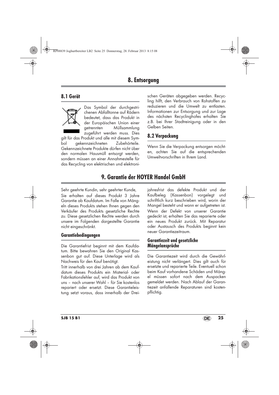 Entsorgung, Garantie der hoyer handel gmbh | Silvercrest SJB 15 B1 User Manual | Page 27 / 38