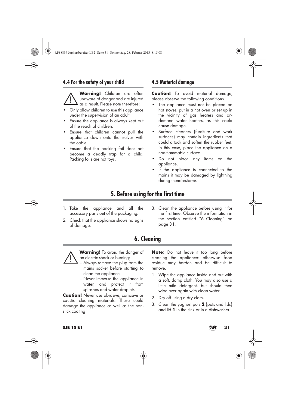 Before using for the first time, Cleaning, 4 for the safety of your child | 5 material damage | Silvercrest SJB 15 B1 User Manual | Page 33 / 38
