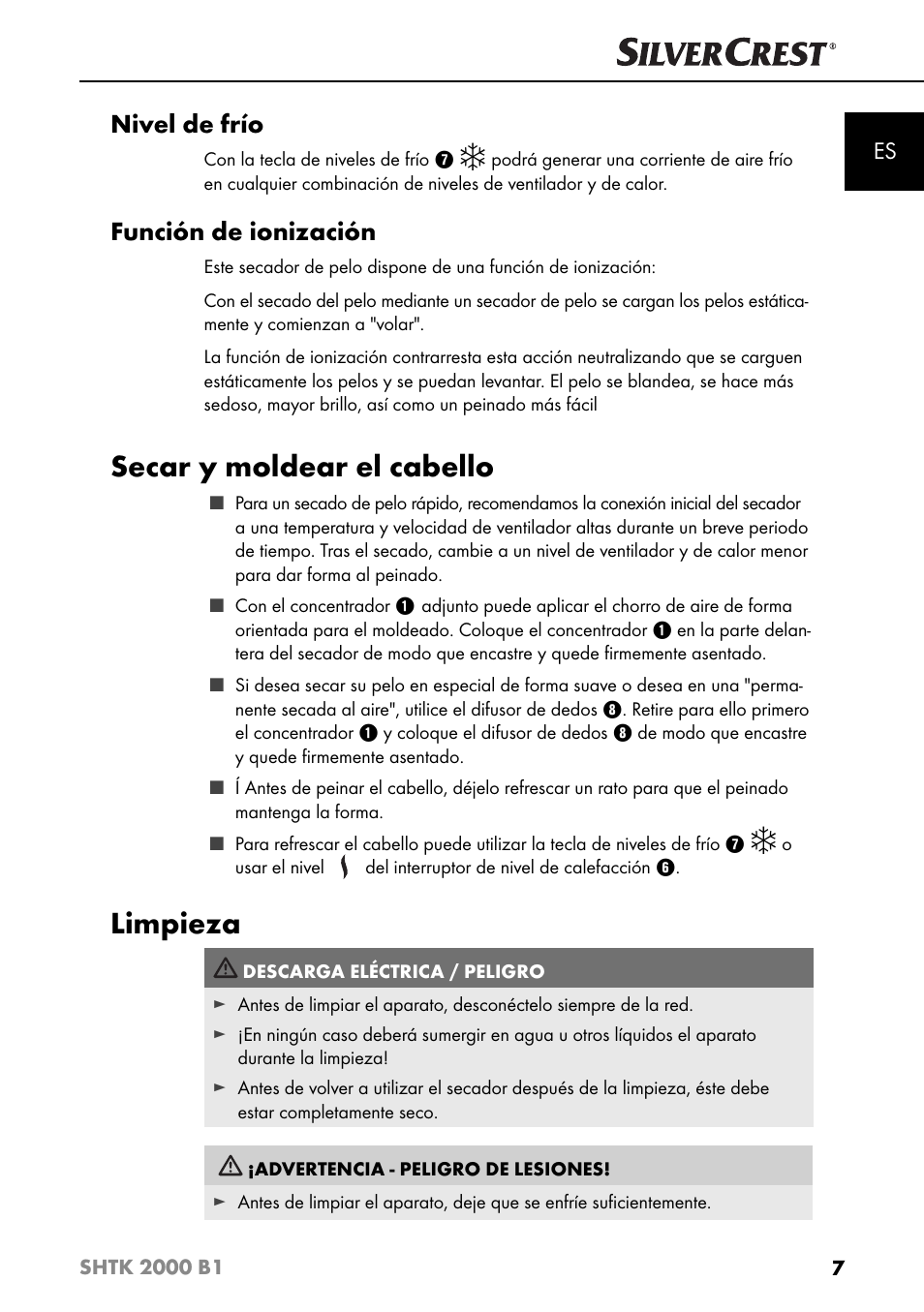 Secar y moldear el cabello, Limpieza, Nivel de frío | Función de ionización | Silvercrest SHTK 2000 B1 User Manual | Page 10 / 54