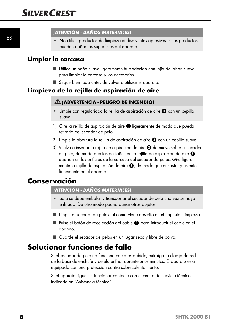 Conservación, Solucionar funciones de fallo, Limpiar la carcasa | Limpieza de la rejilla de aspiración de aire | Silvercrest SHTK 2000 B1 User Manual | Page 11 / 54
