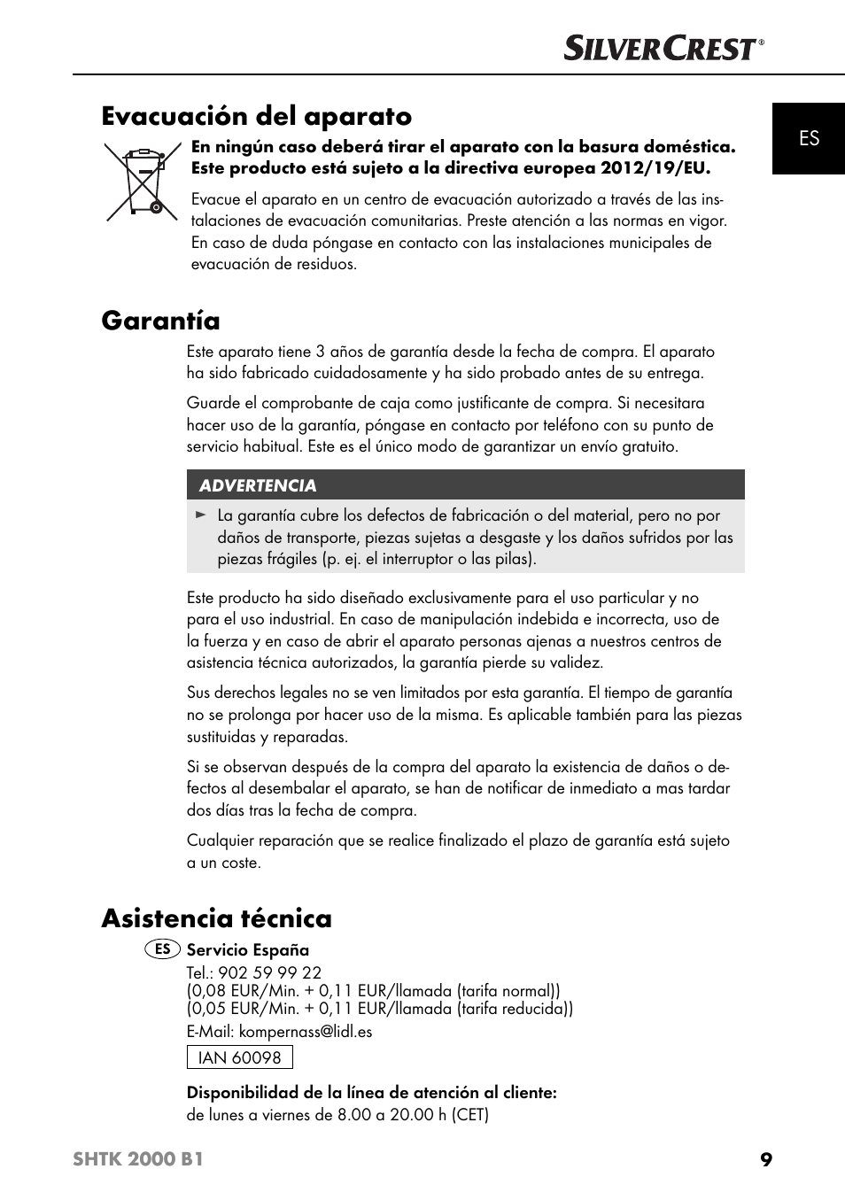 Evacuación del aparato, Garantía, Asistencia técnica | Silvercrest SHTK 2000 B1 User Manual | Page 12 / 54