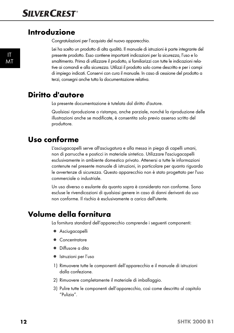 Introduzione, Diritto d'autore, Uso conforme | Volume della fornitura, It mt | Silvercrest SHTK 2000 B1 User Manual | Page 15 / 54