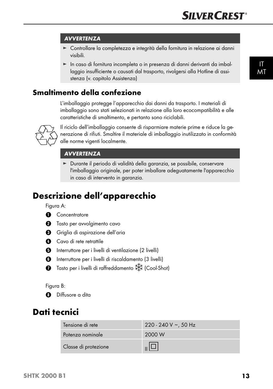 Descrizione dell’apparecchio, Dati tecnici, Smaltimento della confezione | It mt | Silvercrest SHTK 2000 B1 User Manual | Page 16 / 54