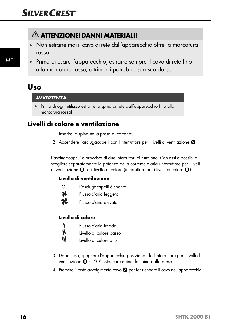 Attenzione! danni materiali, Livelli di calore e ventilazione, It mt | Silvercrest SHTK 2000 B1 User Manual | Page 19 / 54