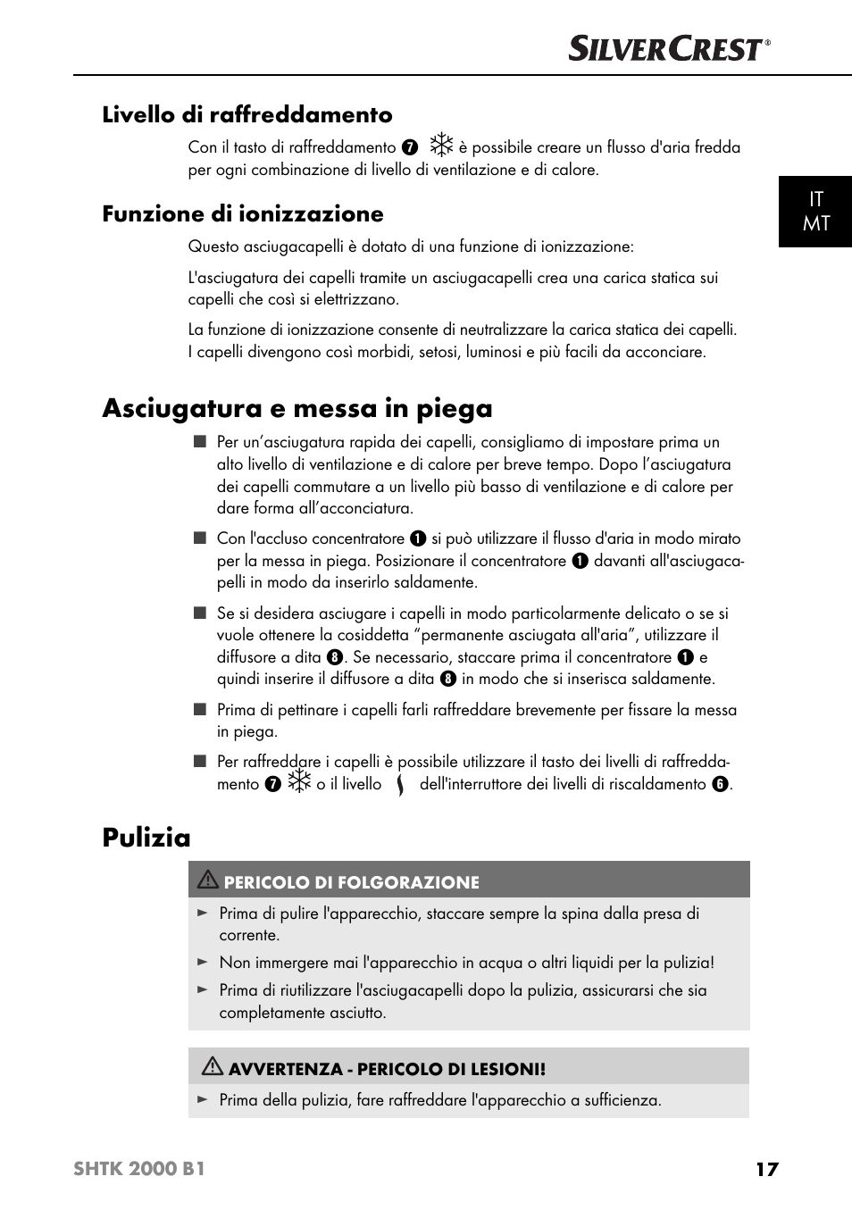 Asciugatura e messa in piega, Pulizia, Livello di raﬀ reddamento | Funzione di ionizzazione, It mt | Silvercrest SHTK 2000 B1 User Manual | Page 20 / 54