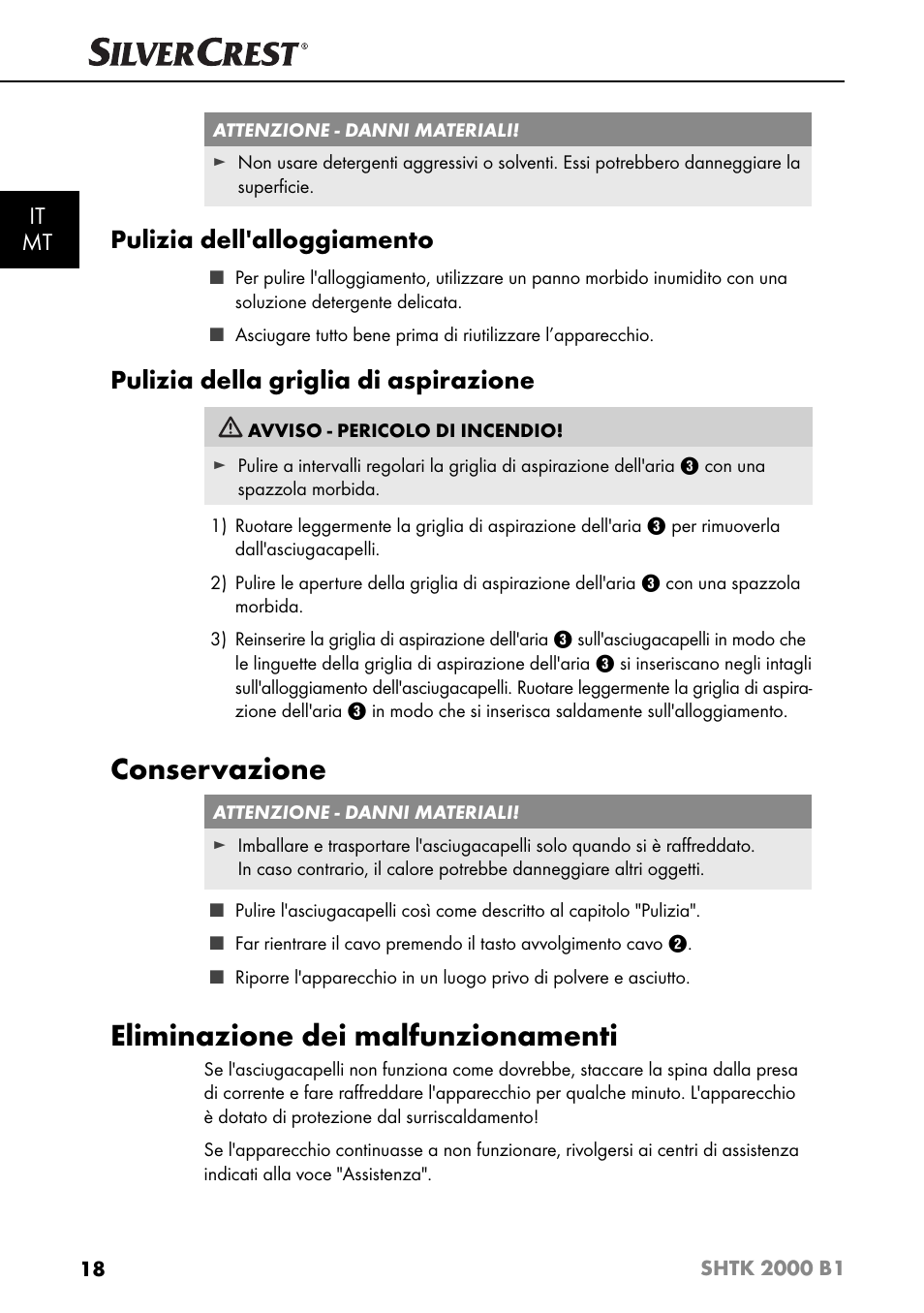 Conservazione, Eliminazione dei malfunzionamenti, Pulizia dell'alloggiamento | Pulizia della griglia di aspirazione, It mt | Silvercrest SHTK 2000 B1 User Manual | Page 21 / 54