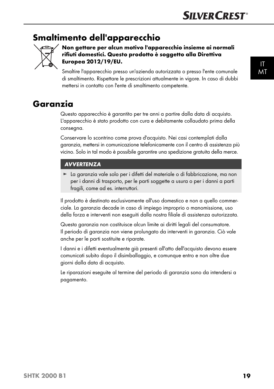 Smaltimento dell'apparecchio, Garanzia, It mt | Silvercrest SHTK 2000 B1 User Manual | Page 22 / 54