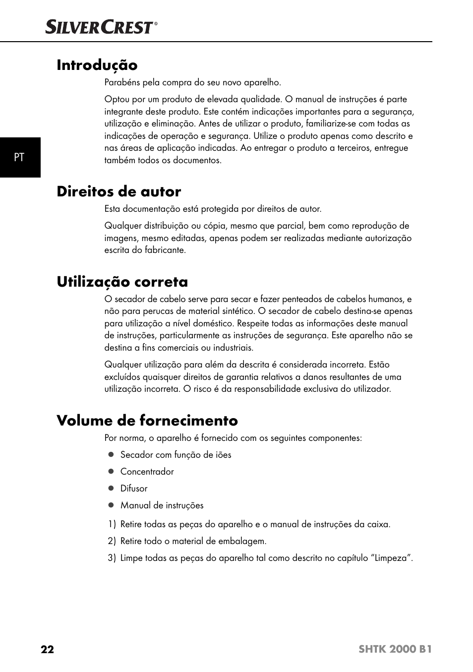 Introdução, Direitos de autor, Utilização correta | Volume de fornecimento | Silvercrest SHTK 2000 B1 User Manual | Page 25 / 54