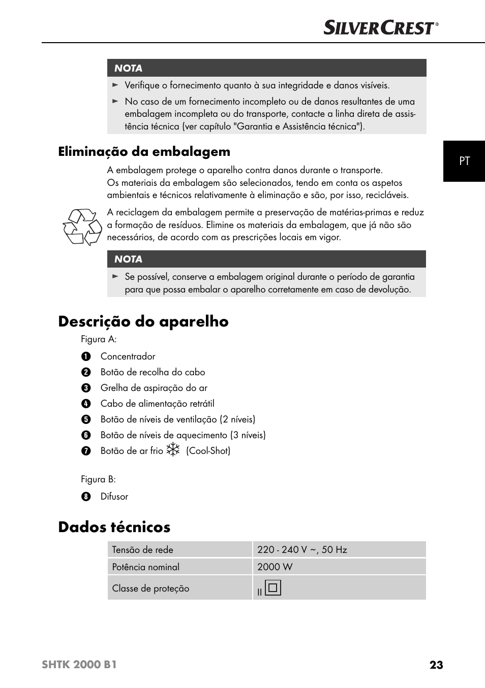 Descrição do aparelho, Dados técnicos, Eliminação da embalagem | Silvercrest SHTK 2000 B1 User Manual | Page 26 / 54