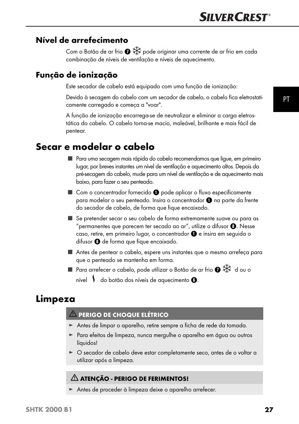 Secar e modelar o cabelo, Limpeza, Nível de arrefecimento | Função de ionização | Silvercrest SHTK 2000 B1 User Manual | Page 30 / 54