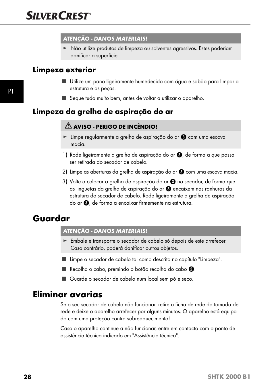 Guardar, Eliminar avarias, Limpeza exterior | Limpeza da grelha de aspiração do ar | Silvercrest SHTK 2000 B1 User Manual | Page 31 / 54
